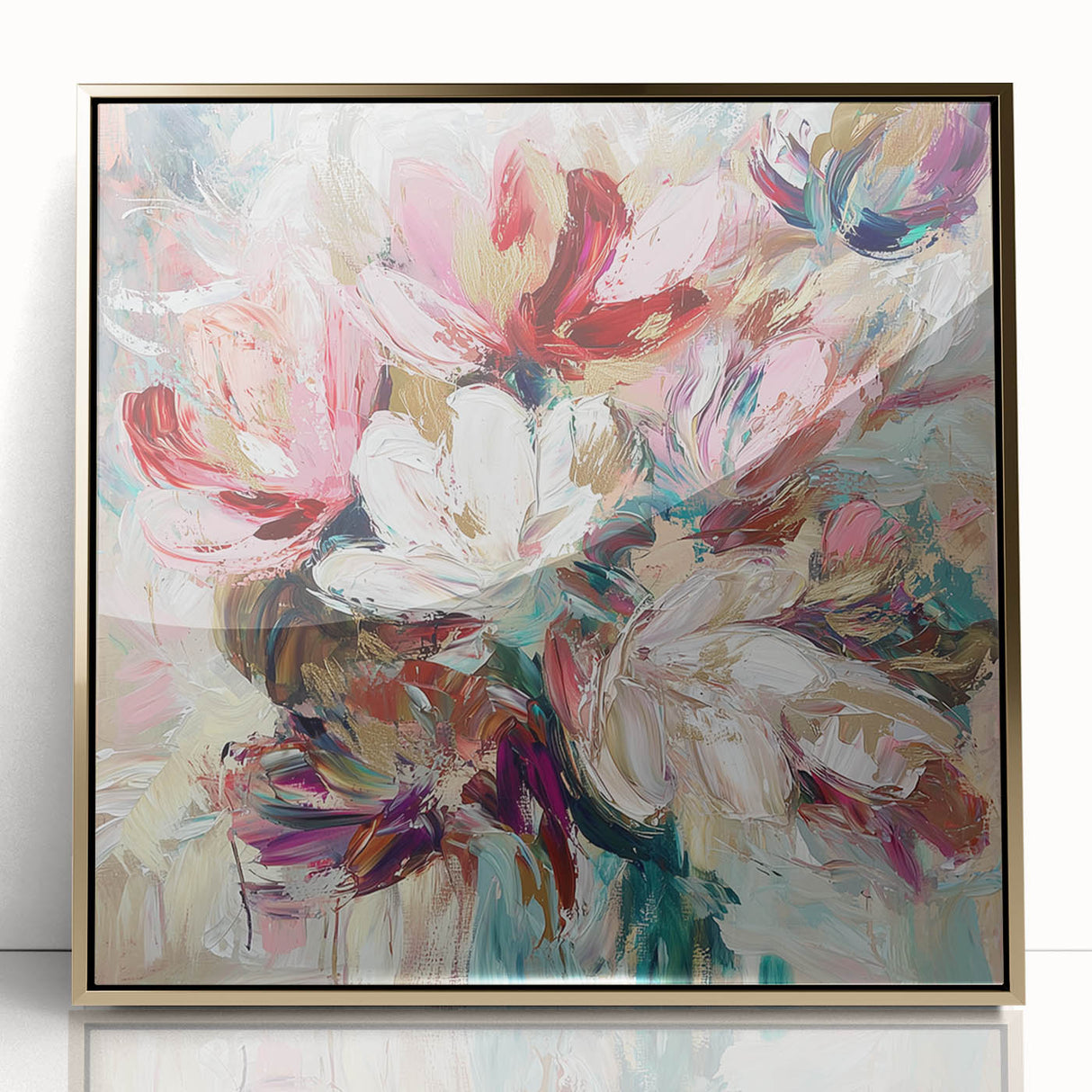 Framed abstract floral artwork with a gold-accented acrylic finish, showcasing vibrant colors and intricate details, perfect for modern home decor.