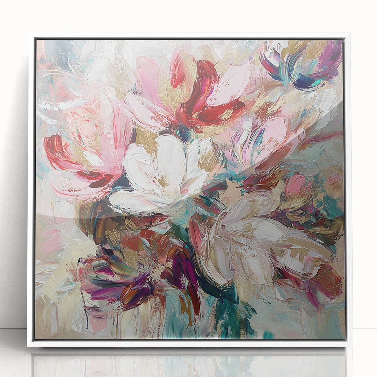 Framed abstract floral artwork in a sleek white frame, showcasing vibrant colors and dynamic shapes, perfect for modern home decor and enhancing any living space.