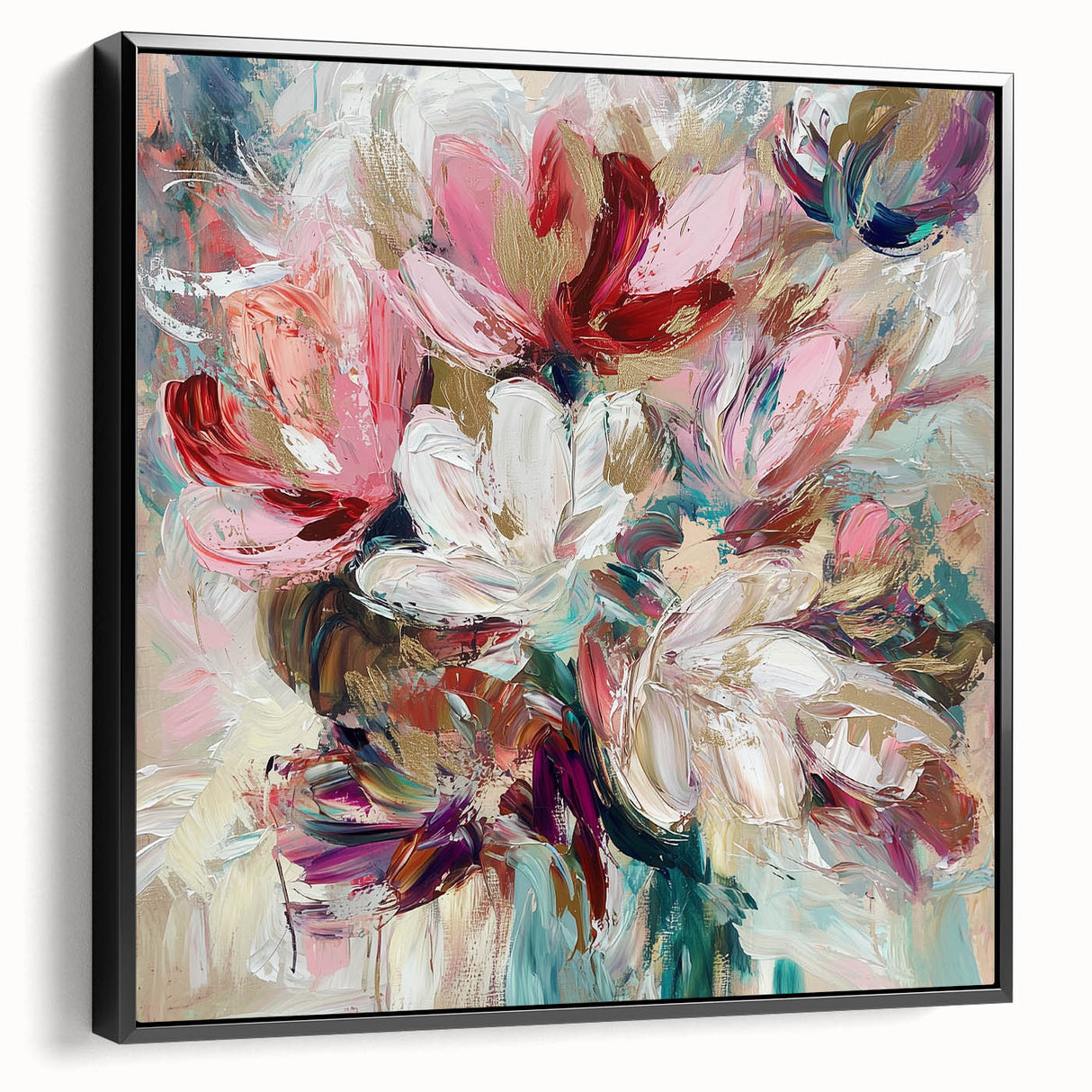 Framed canvas artwork featuring an abstract floral design in vibrant colors, set against a sleek black frame, ideal for modern home decor. Perfect for adding a touch of elegance and creativity to any living space or office.