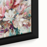 Close-up of a framed canvas artwork showcasing abstract florals in vibrant colors, featuring detailed brush strokes and a glossy finish, perfect for modern home decor.
