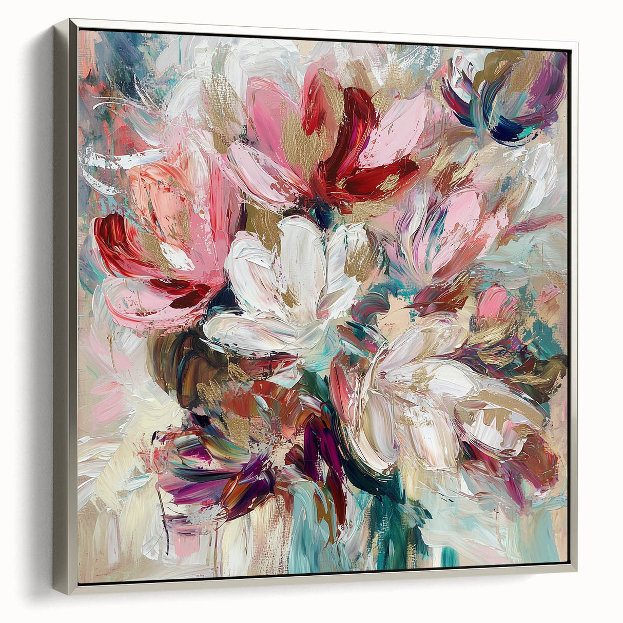 Framed canvas artwork displaying abstract floral designs in vibrant colors, set against a sleek silver frame, showcasing a modern aesthetic for home decor.