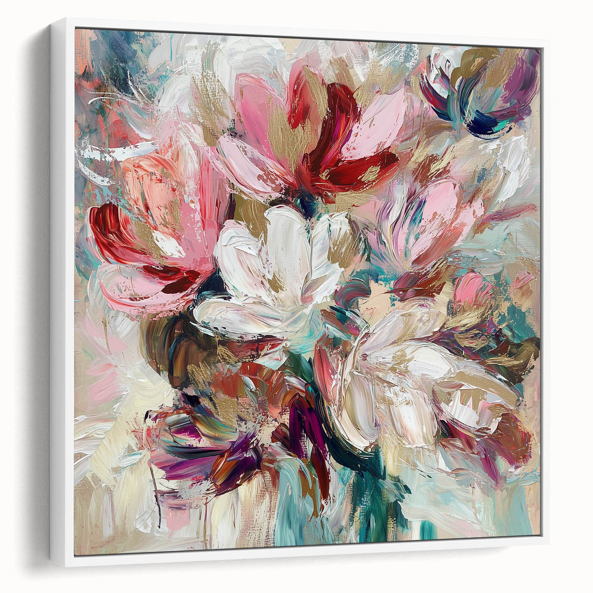 Framed canvas artwork showcasing an abstract floral design with vibrant colors on a white background, emphasizing modern home decor aesthetics. Perfect for adding a touch of elegance to any living space.