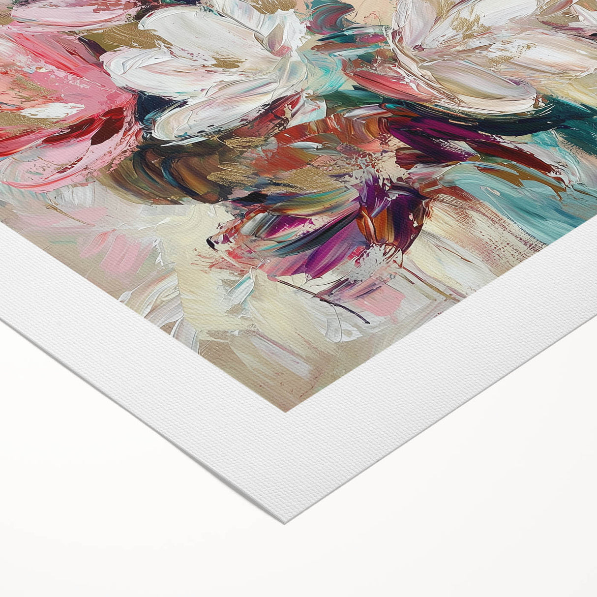 Vibrant rolled canvas showcasing an abstract floral design with bold colors and intricate patterns, ideal for modern home decor, protected in a durable tube.
