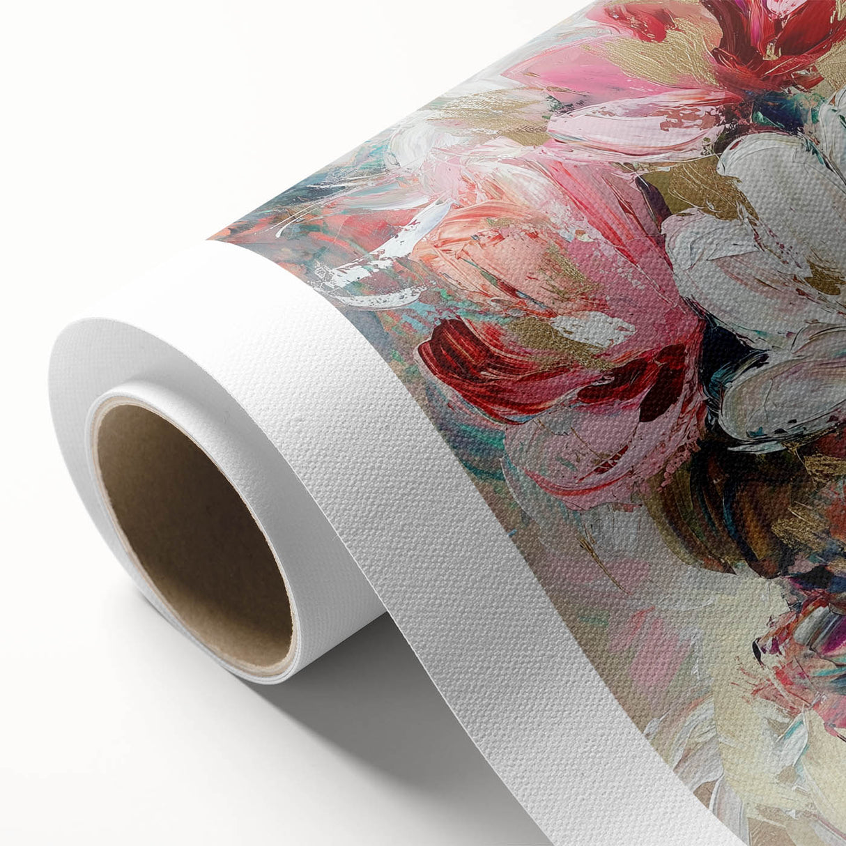 Abstract floral design on rolled canvas, showcasing vibrant colors and intricate patterns, ideal for modern home decor. Packaged securely in a durable tube for safe delivery.
