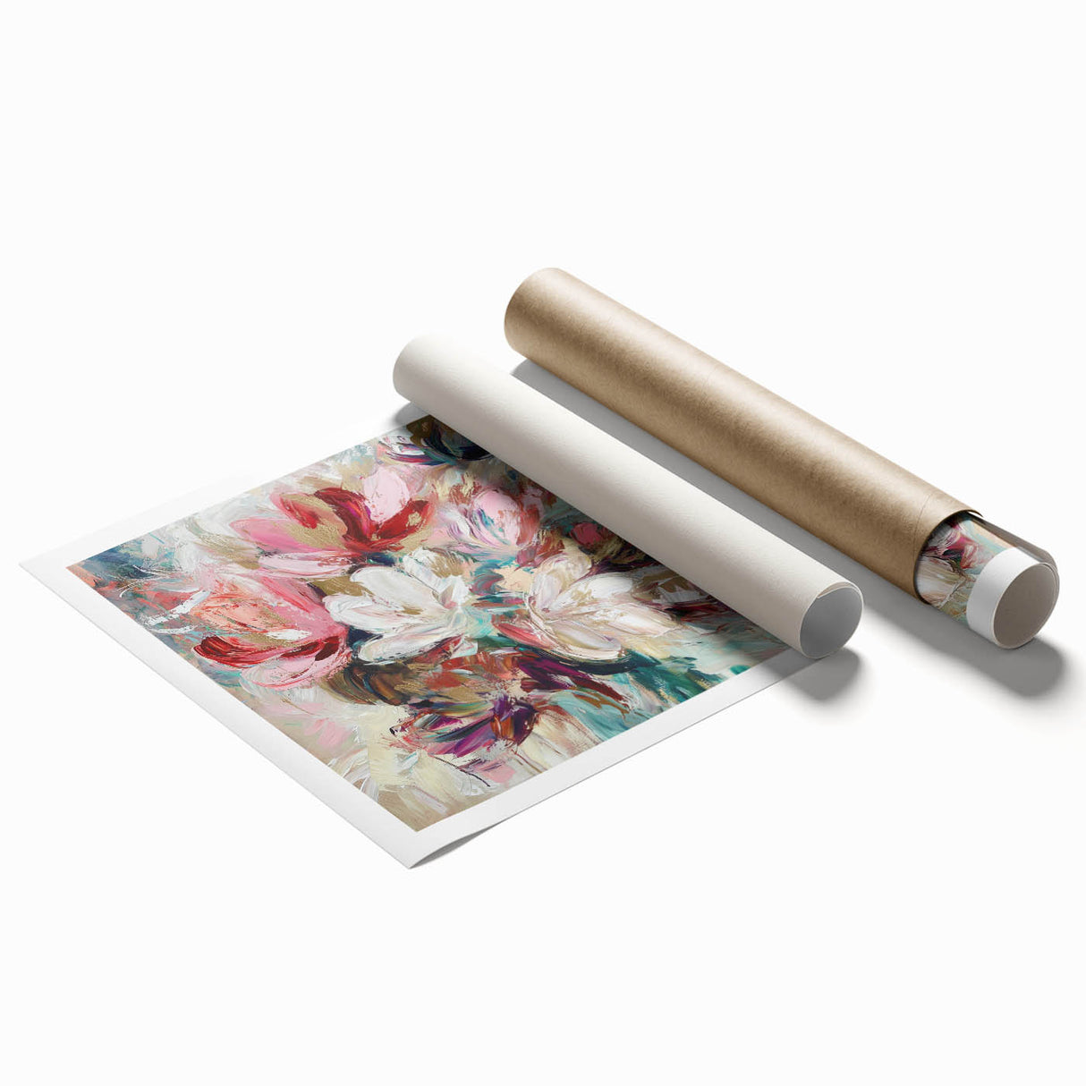 Abstract floral design print featuring vibrant colors like pink, blue, and gold, elegantly rolled for easy transportation, ideal for home decor or artistic displays.