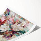 Abstract floral rolled print showcasing vibrant hues of blue and pink with delicate leaf patterns, elegantly packaged in a protective cardboard tube for easy display.
