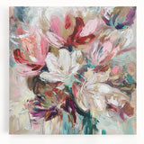 Colorful abstract floral canvas art piece showcasing vibrant hues of pink, blue, and yellow, ideal for modern home decor, enhancing living spaces with elegance.