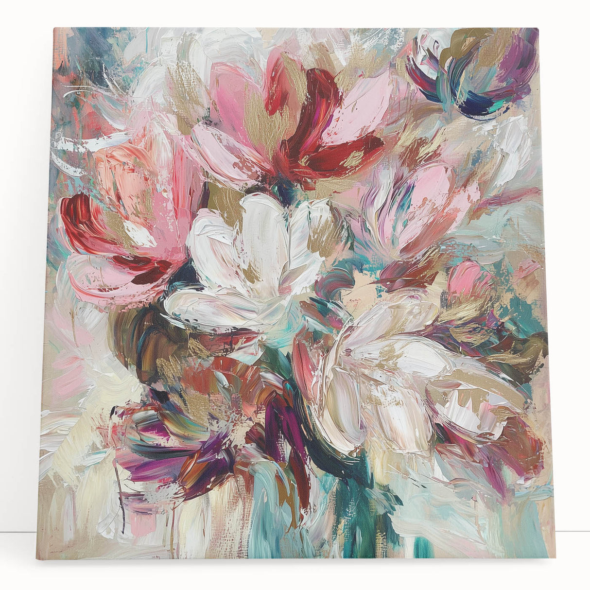 Abstract floral design on stretched canvas featuring vibrant colors and intricate patterns, leaning against a neutral wall, perfect for modern home decor.