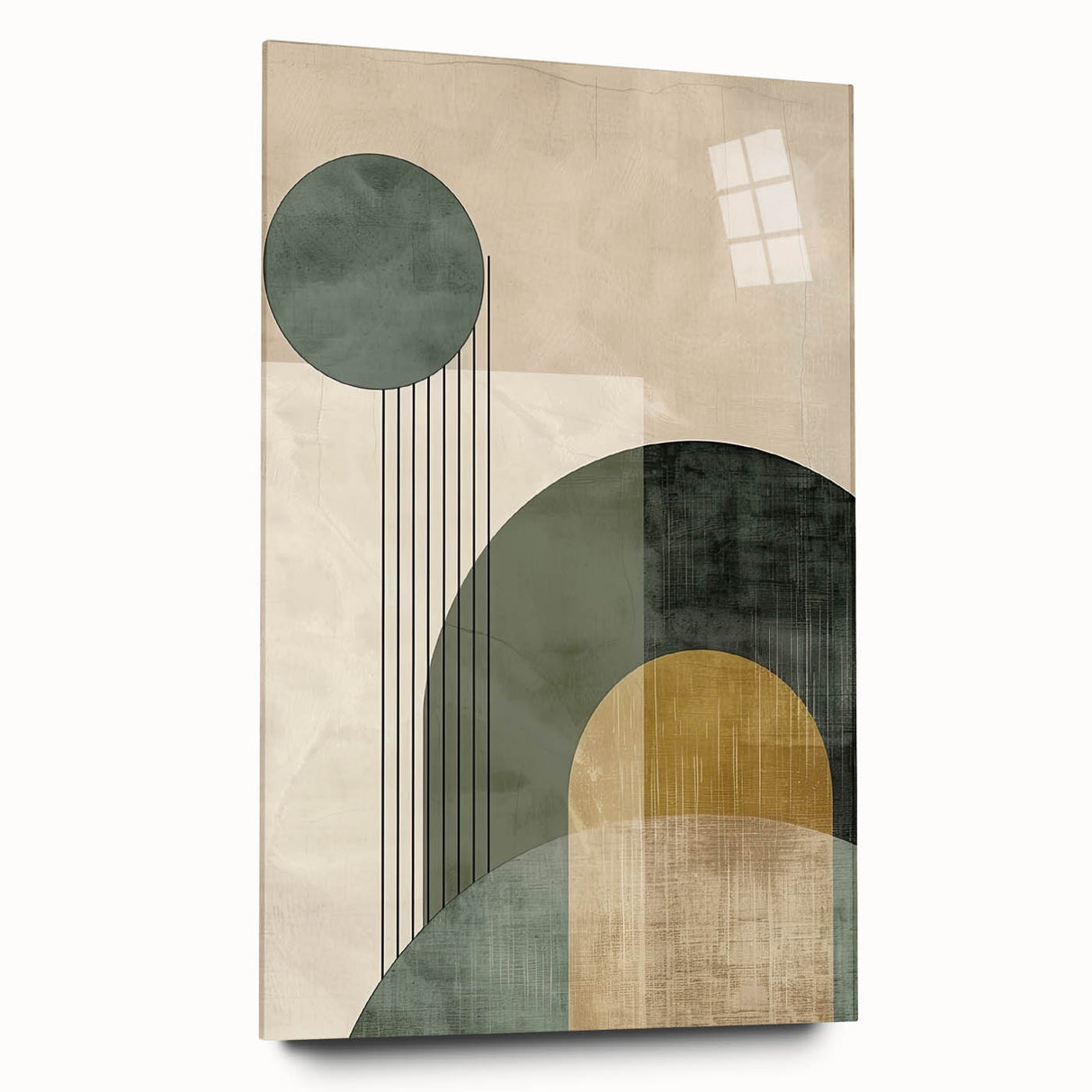 Abstract minimalist wall art displayed in a sleek acrylic frame, showcasing a side view of its smooth surface and vibrant colors, perfect for modern decor.