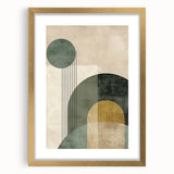 Abstract minimalist wall art featuring a gold frame and mat, showcasing geometric shapes and soft color tones, perfect for modern home decor.