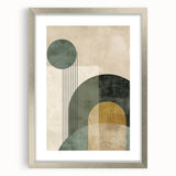 Abstract minimalist wall art framed in silver with a white mat, showcasing soft geometric shapes and muted colors, ideal for modern home decor.