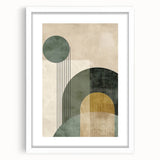 Abstract minimalist wall art design featuring geometric shapes and soft pastel colors, elegantly framed with a white mat, perfect for modern home decor.