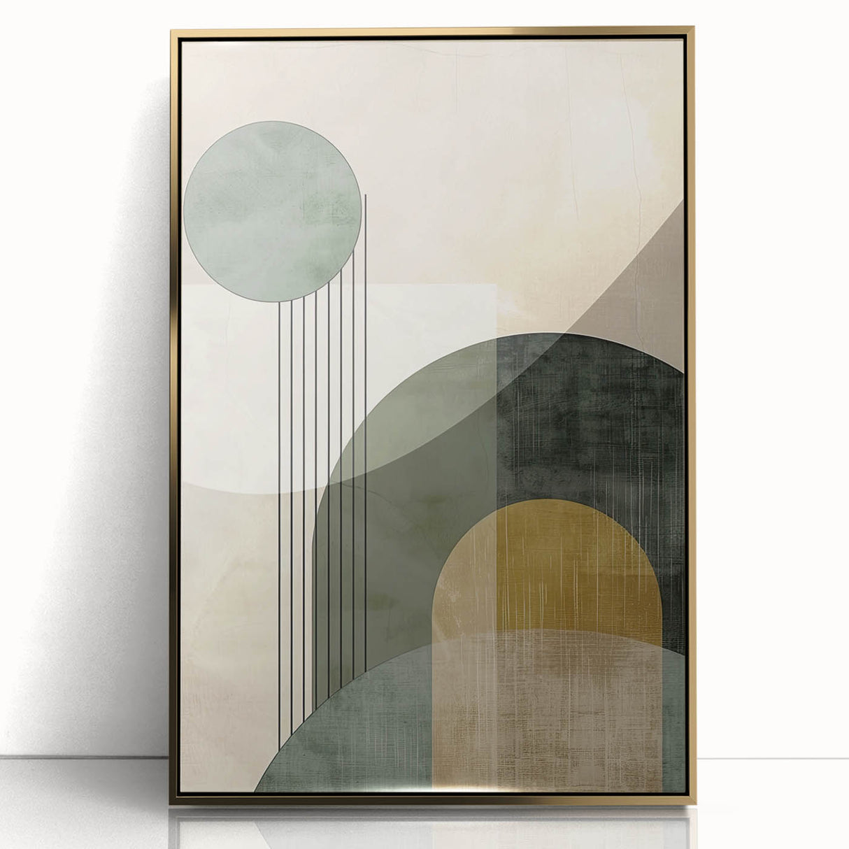 Framed abstract minimalist wall art featuring gold accents on a clear acrylic background, perfect for modern decor. Ideal for enhancing contemporary interiors.