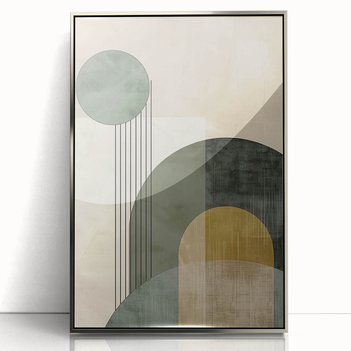 Framed abstract minimalist wall art showcasing a silver acrylic design, perfect for contemporary decor. Ideal for stylish living spaces, enhancing aesthetics.