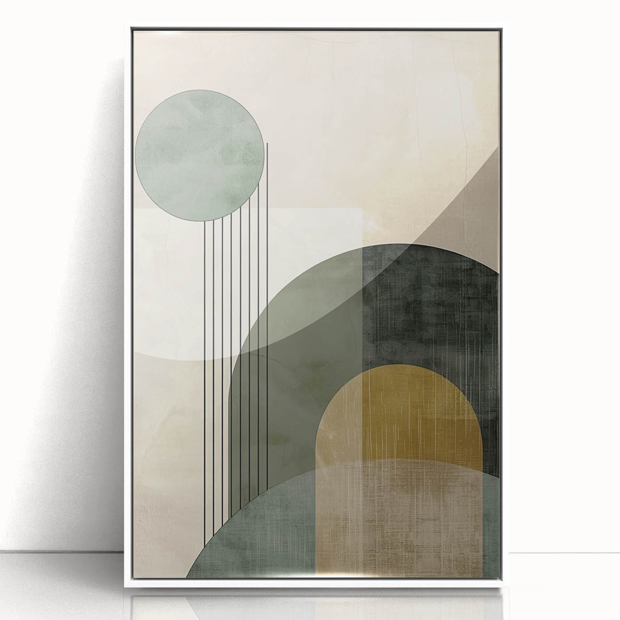 Framed acrylic wall art featuring an abstract minimalist design in shades of white and gray, showcasing clean lines and modern aesthetics, perfect for contemporary home decor.