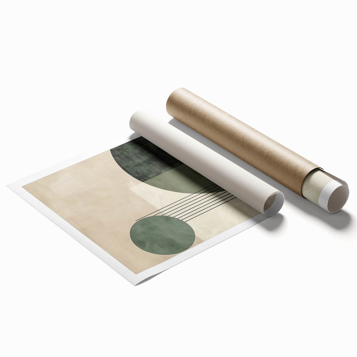 Abstract minimalist wall art print showcasing soft pastel colors and geometric shapes on a rolled canvas, perfect for modern home decor. The design evokes tranquility and creativity, ideal for enhancing any living space.