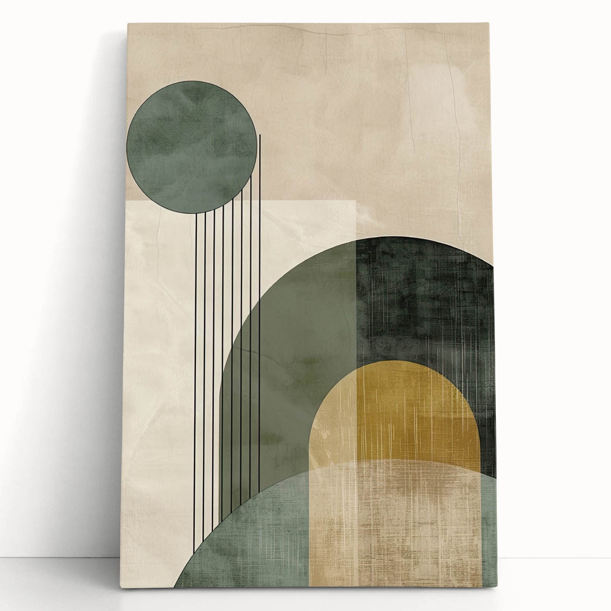 Abstract minimalist wall art on stretched canvas, showcasing soft neutral tones and geometric shapes, elegantly leaning against a white wall for a modern decor aesthetic.