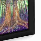 Close-up of a vibrant abstract floral framed canvas featuring bold colors of blue, pink, and green, perfect for modern home decor and artistic expression.