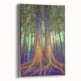 Framed canvas artwork showcasing an abstract floral design with vibrant colors and intricate patterns, elegantly displayed with a silver frame, perfect for home decor.