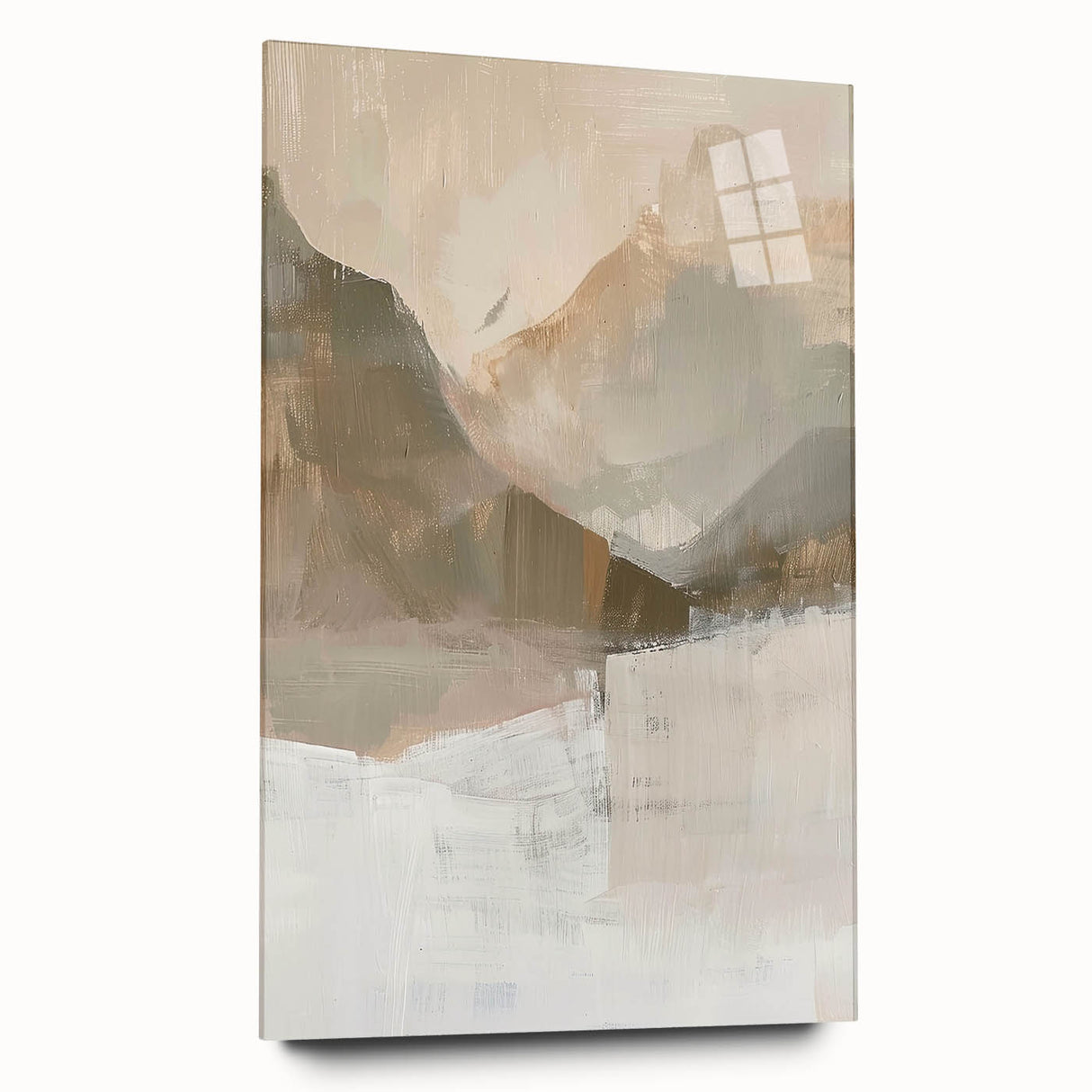Abstract minimalist wall art displayed in a sleek acrylic glass frame, showcasing soft color gradients and geometric patterns, enhancing modern interior decor.