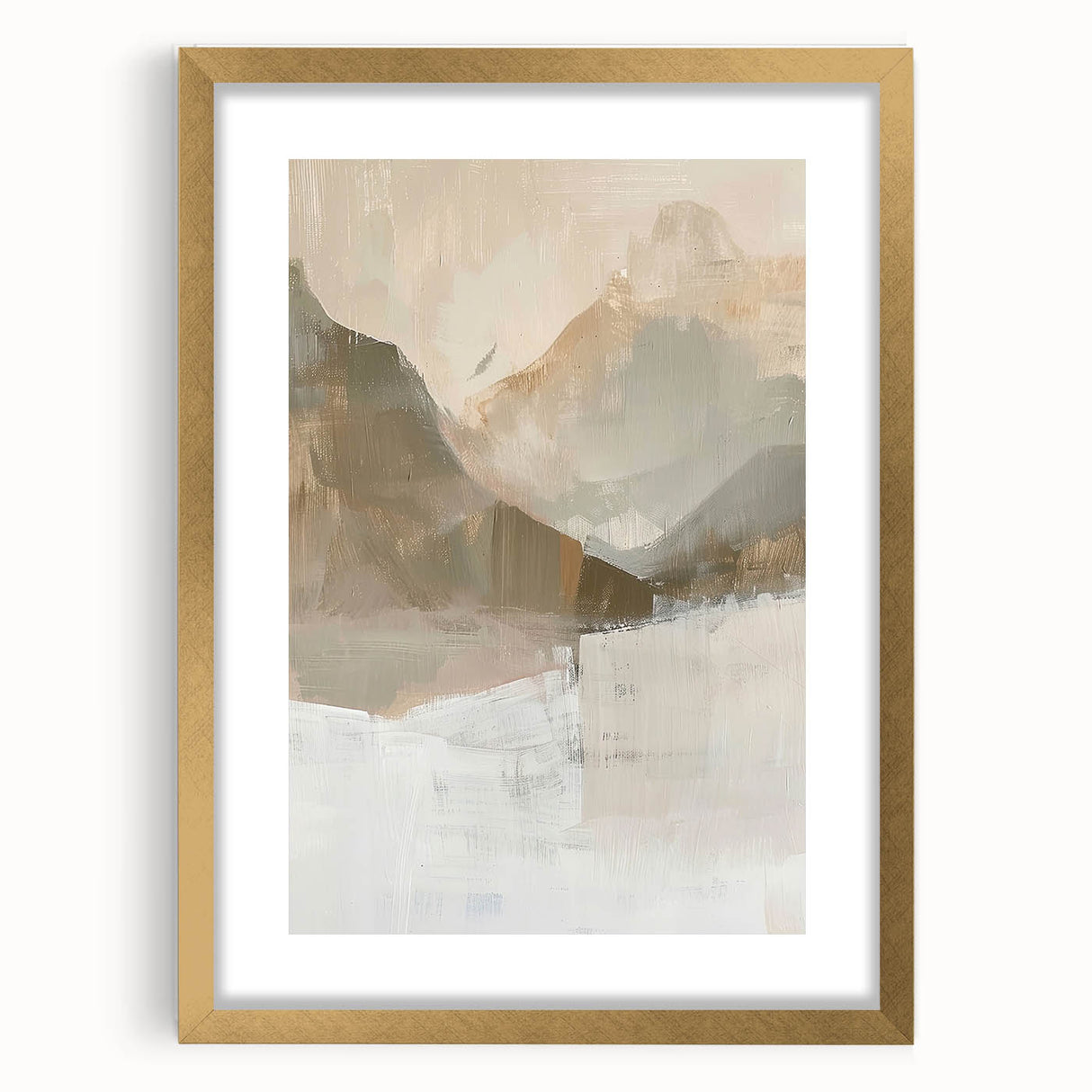 Abstract minimalist wall art featuring a gold frame and mat, showcasing a modern design ideal for contemporary decor, enhancing any living space with elegance.