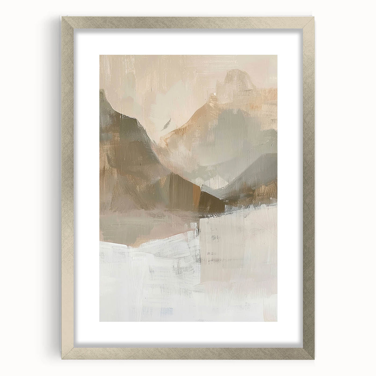 Abstract minimalist wall art framed in silver, displaying geometric shapes and soft color tones, perfect for modern decor in living spaces or offices.