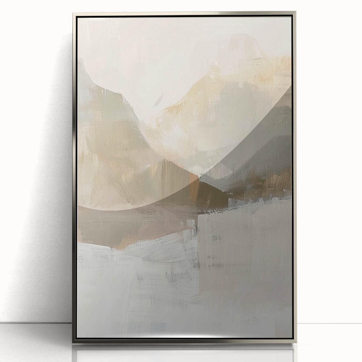 Framed abstract minimalist wall art featuring a silver-acrylic finish, showcasing geometric shapes and soft colors, ideal for modern home decor.