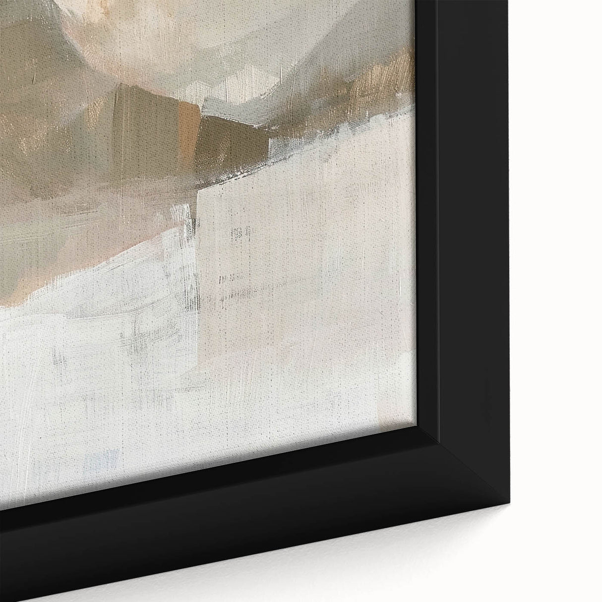 Close-up view of a framed abstract minimalist wall art piece featuring soft beige and gray tones, showcasing elegant geometric shapes, ideal for modern decor.