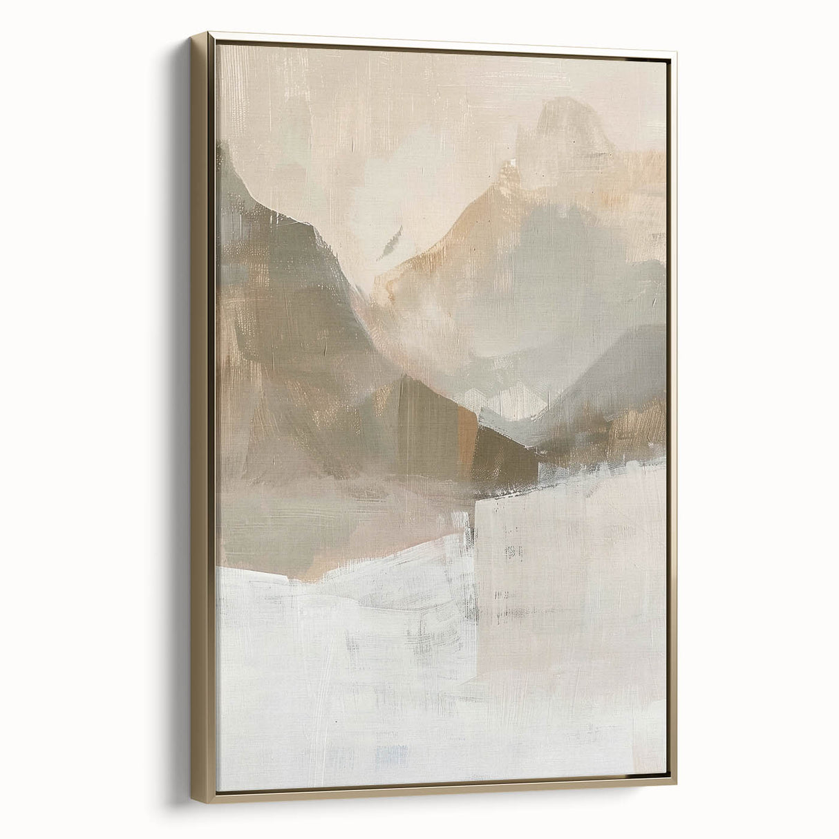 Framed abstract minimalist wall art featuring a gold and white design, showcased from the side to highlight its sleek profile and modern aesthetic. Perfect for contemporary home decor.