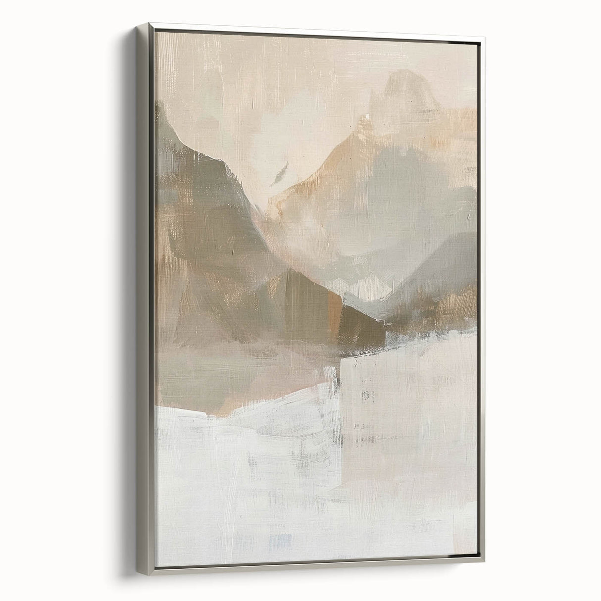 Framed abstract minimalist wall art in silver, showcasing a sleek side view of the canvas design. Ideal for modern home decor, adding a touch of elegance.