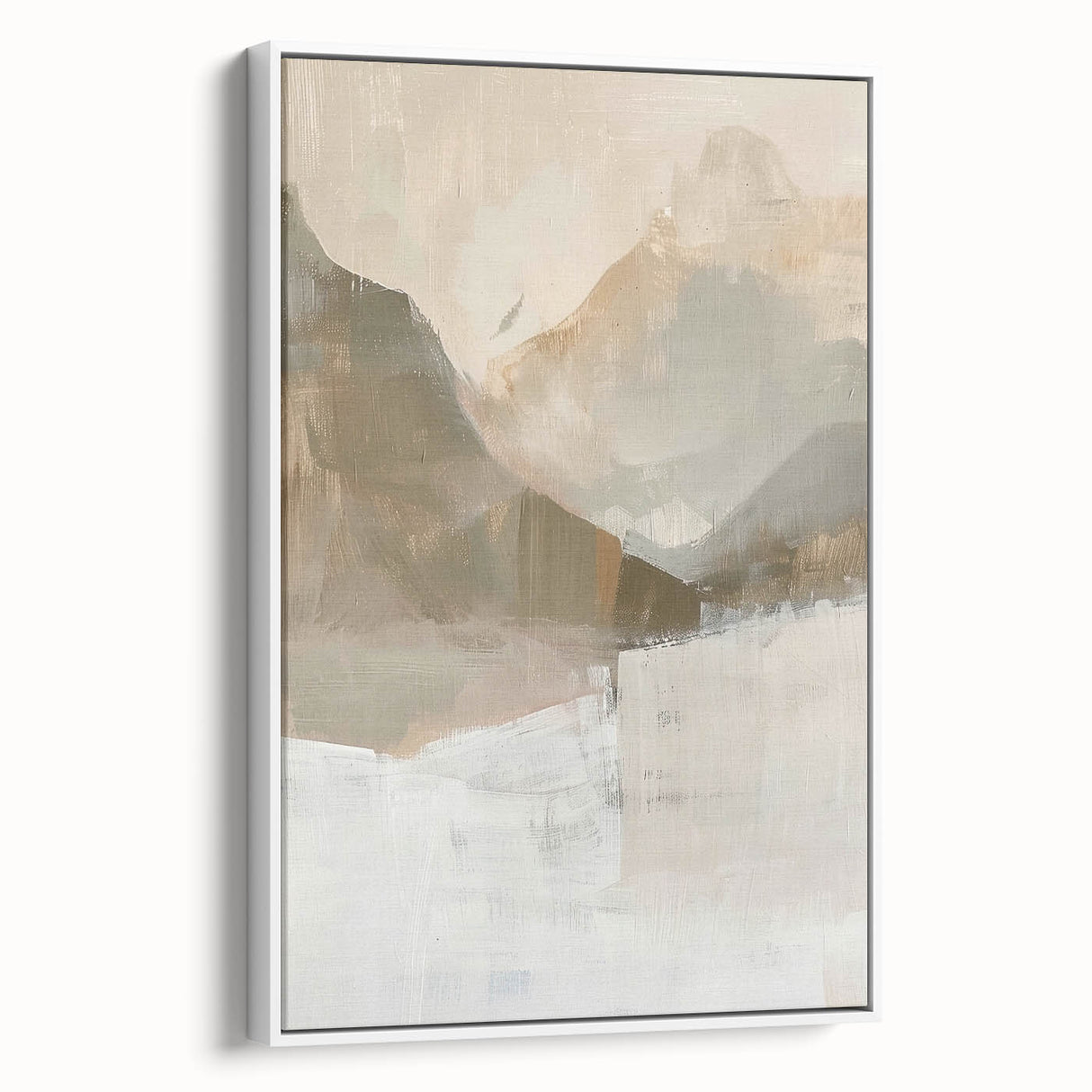 Framed canvas artwork showcasing a minimalist abstract design with soft white tones, ideal for modern decor. Side view highlights the sleek frame and artistic simplicity.