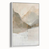 Framed canvas artwork showcasing a minimalist abstract design with soft white tones, ideal for modern decor. Side view highlights the sleek frame and artistic simplicity.
