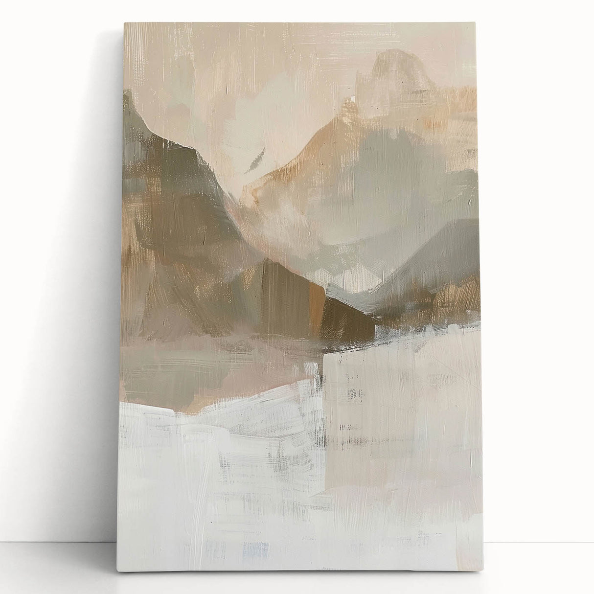 Abstract minimalist wall art on stretched canvas, showcasing soft pastel colors and geometric shapes, leaning against a neutral wall, perfect for modern decor.