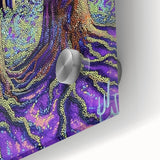 Close-up view of a vibrant abstract floral design on acrylic glass, showcasing intricate details and bold colors, perfect for modern home decor.