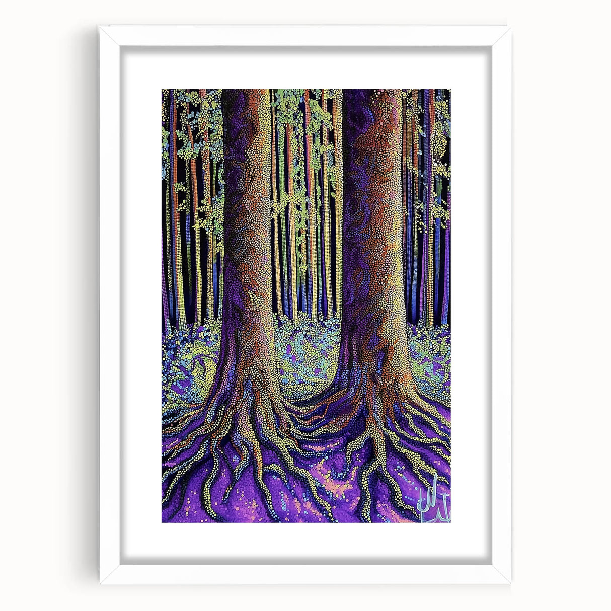 Abstract floral-themed wall art framed in white with a mat, showcasing vibrant colors and intricate designs, perfect for modern home decor or office spaces.