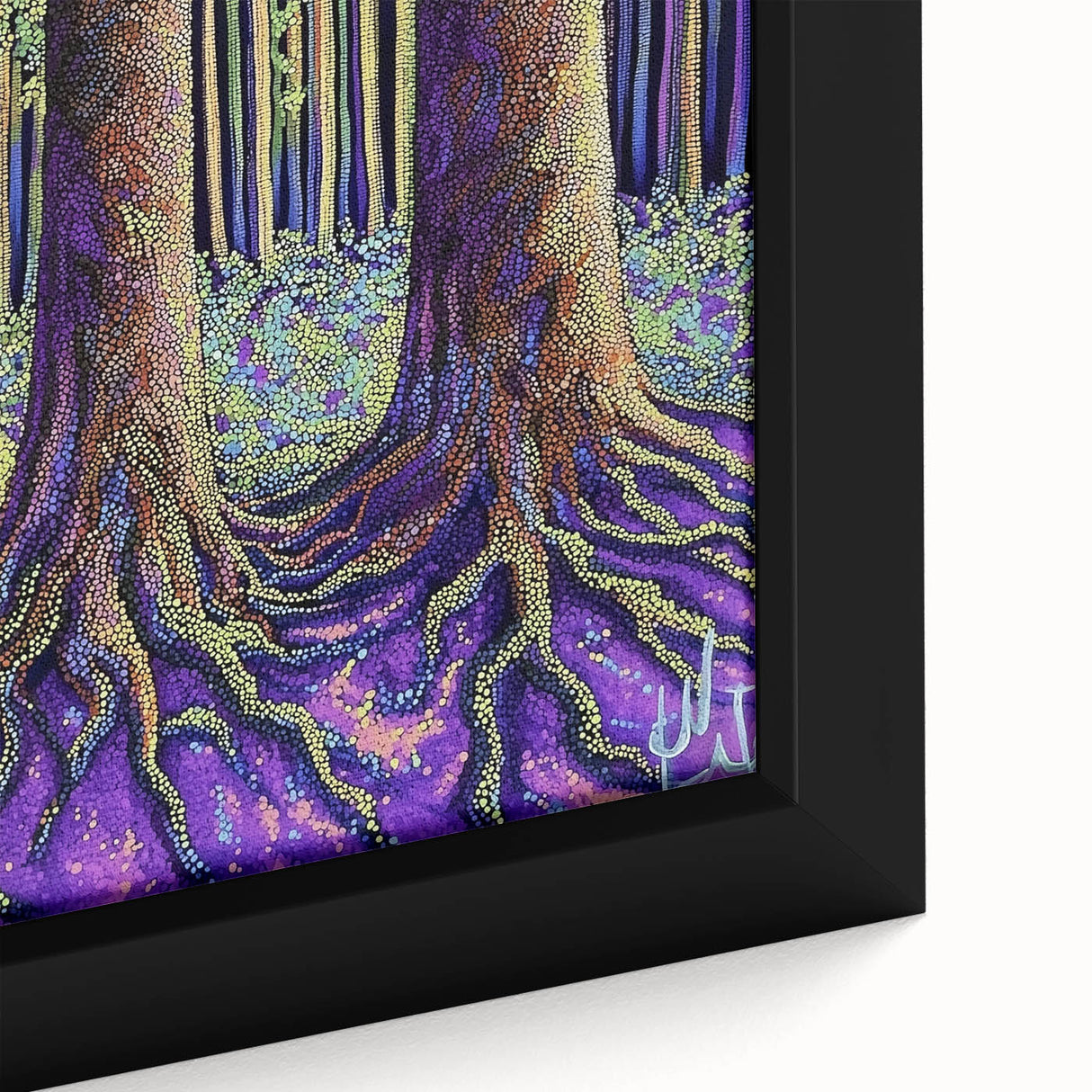 Close-up of a framed canvas depicting vibrant abstract florals in rich colors, showcasing intricate brush strokes and textures that enhance its artistic appeal. Ideal for modern home decor, this artwork adds a touch of elegance to any space.