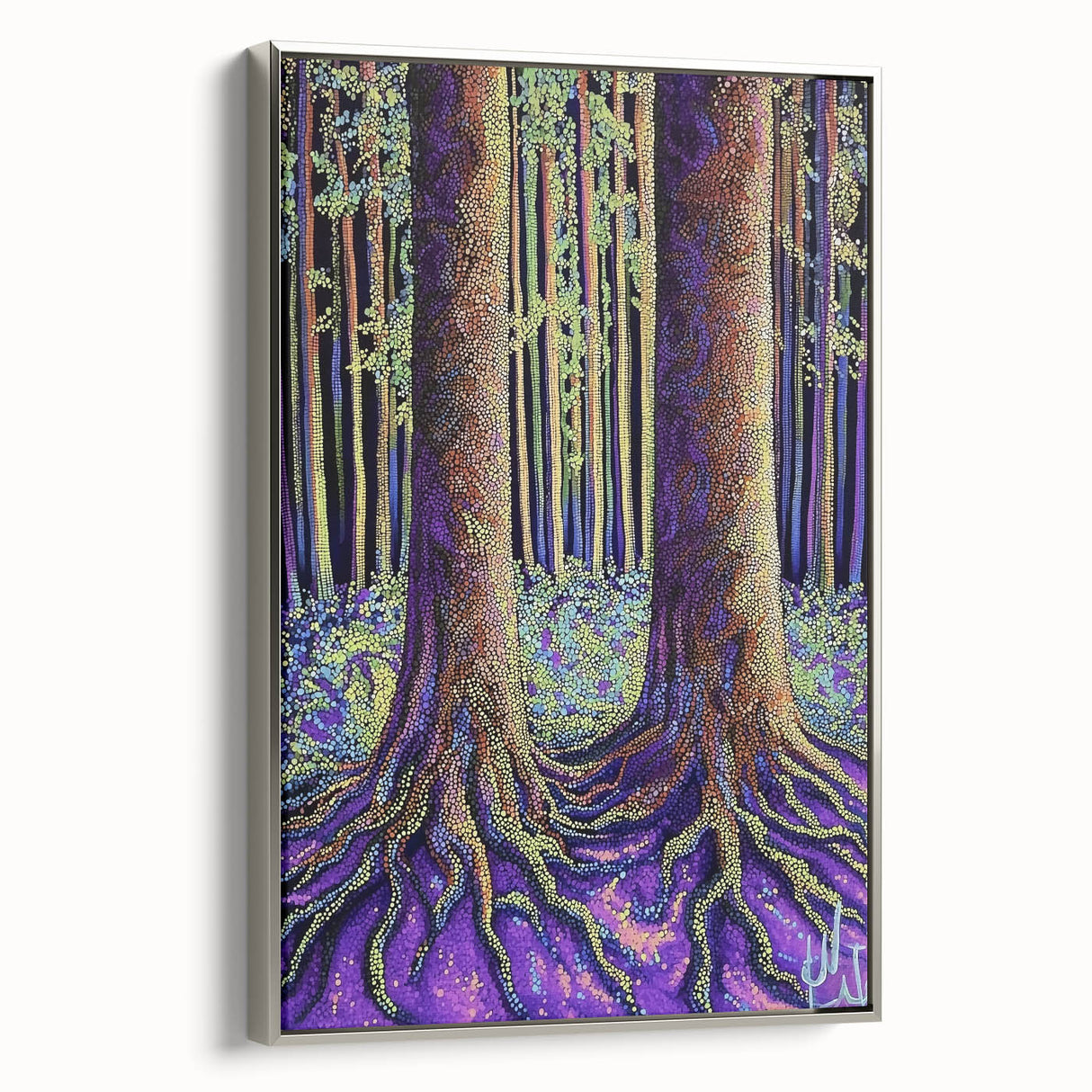 Abstract floral design on a framed canvas with a silver side view, showcasing vibrant colors and intricate patterns, perfect for modern home decor. Ideal for adding a touch of elegance and personality to living spaces.