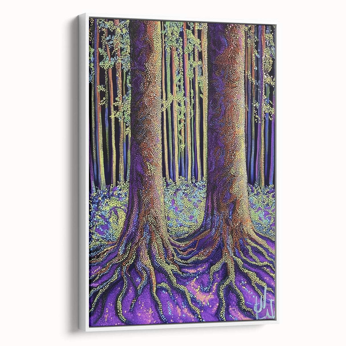 Framed canvas artwork showcasing an abstract floral design with vibrant colors and intricate patterns, viewed from the side against a white background. Perfect for modern home decor.