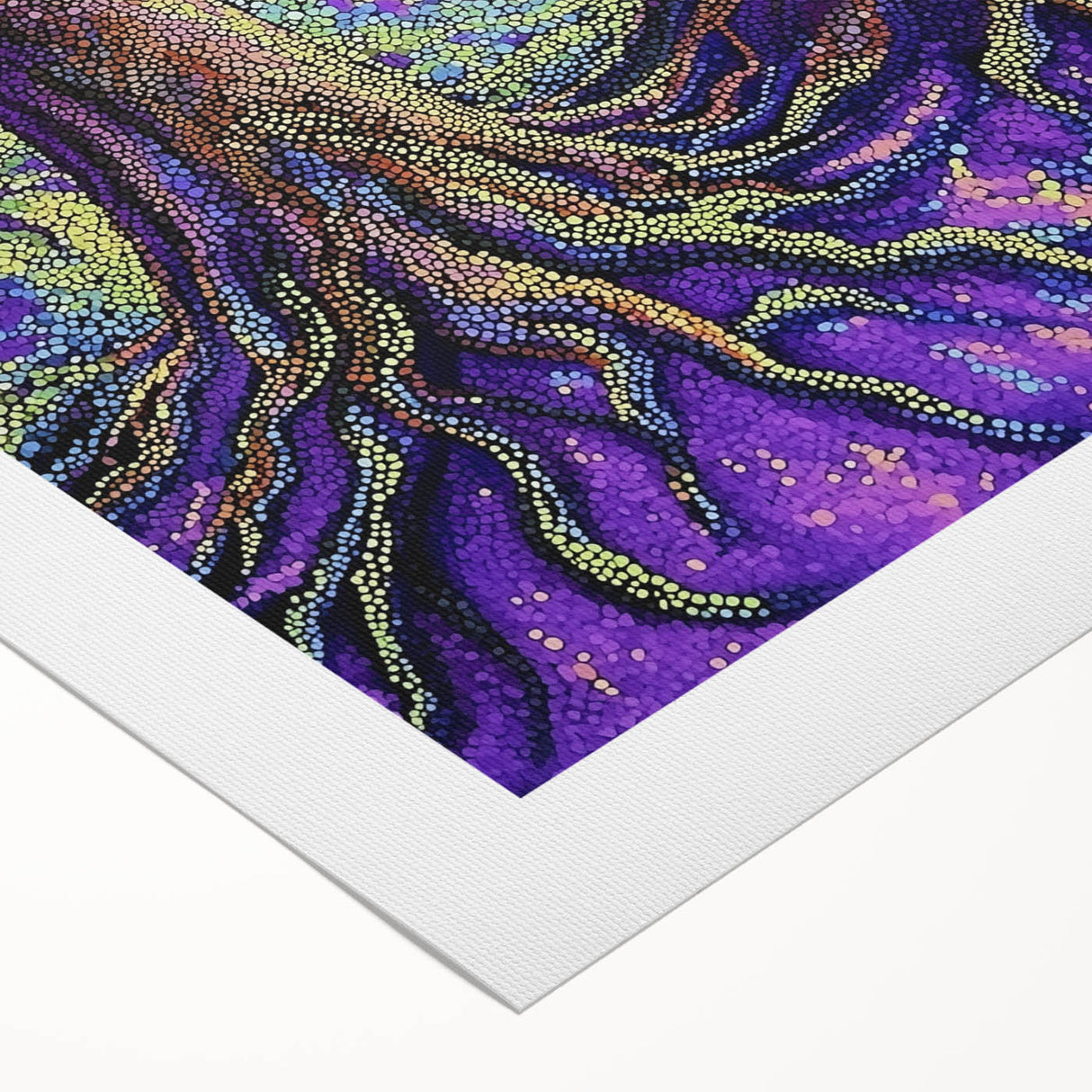 Abstract floral design on rolled canvas, showcasing vibrant colors and intricate patterns, elegantly packaged in a protective cardboard tube for display and gifting. Perfect for home decor enthusiasts looking to enhance their space with unique artwork.