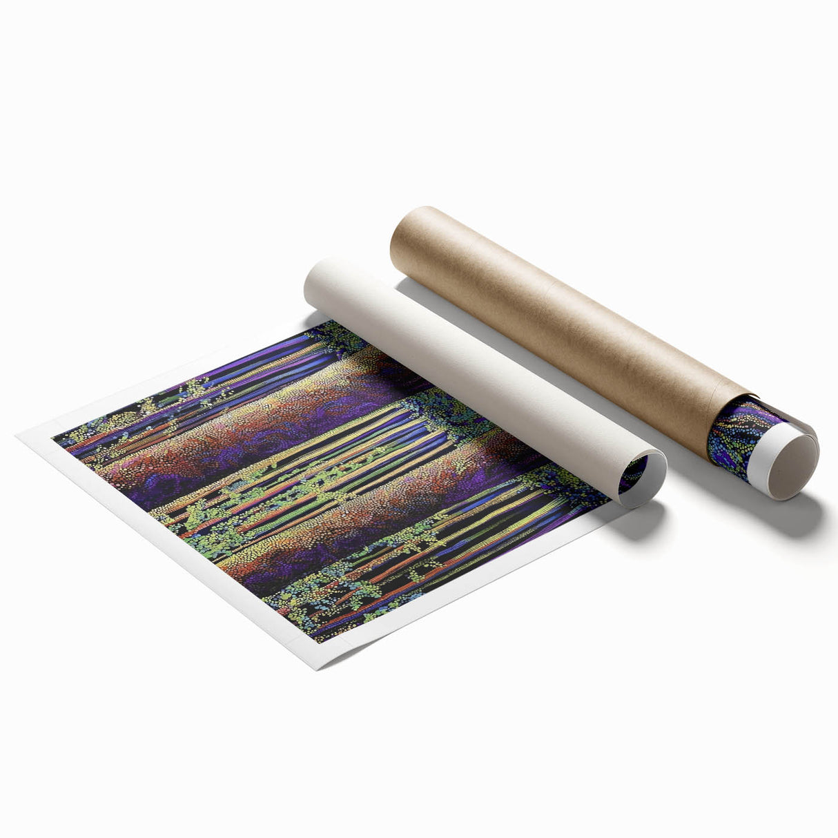 Abstract floral rolled print showcasing vibrant pink, green, and yellow hues with intricate detailing, perfect for modern home decor. Packaged securely in a sturdy cardboard tube for safe delivery.