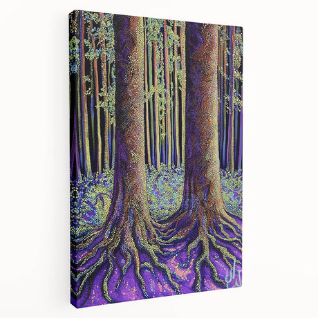 Abstract floral design on stretched canvas showcasing vibrant colors and intricate patterns, suitable for modern home decor, viewed from the side.