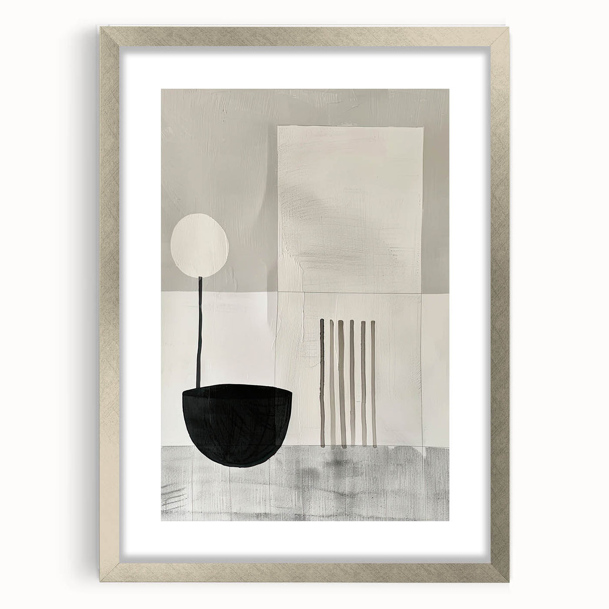 Abstract minimalist wall art framed in silver with a mat, showcasing a modern design that enhances contemporary decor. Ideal for stylish home or office settings.