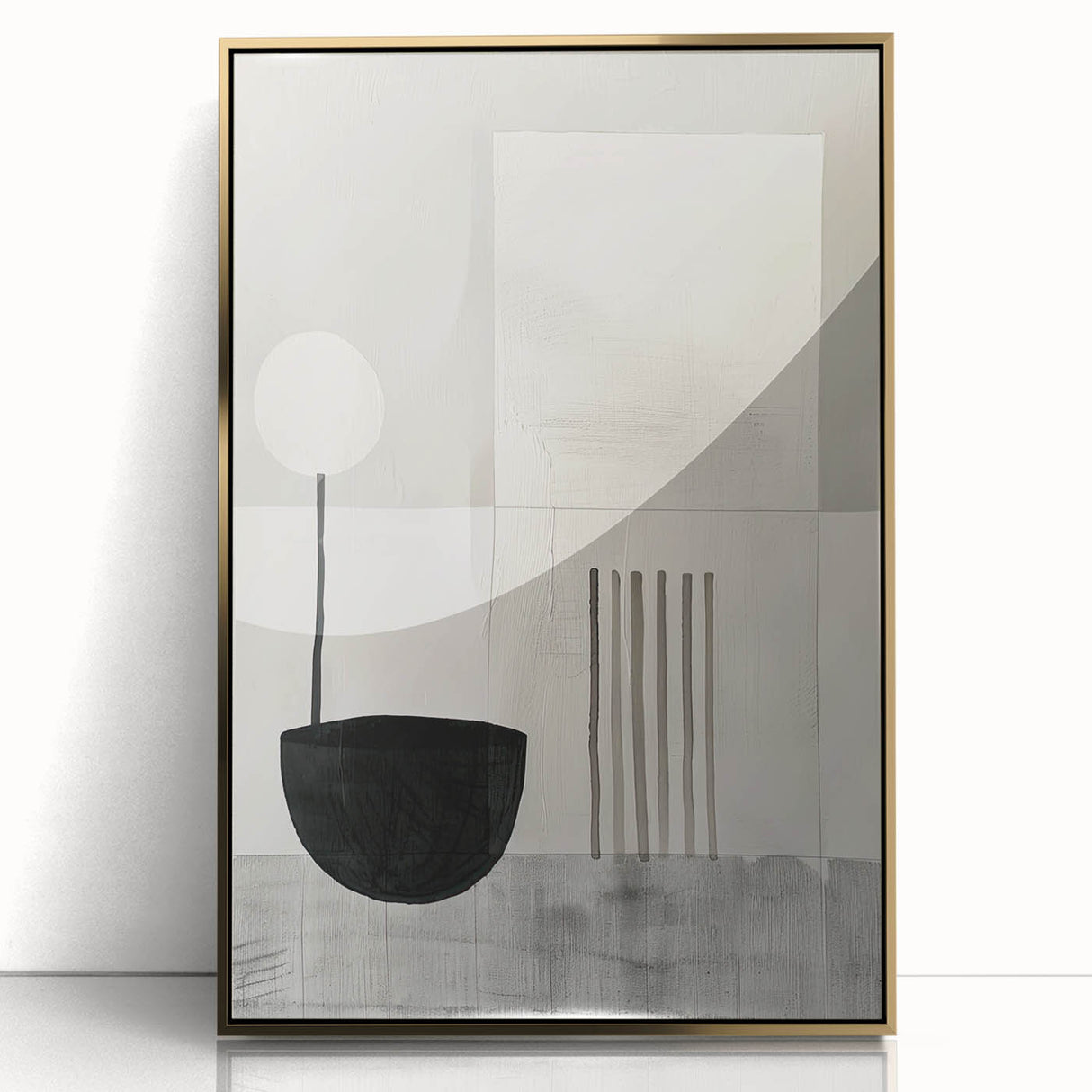 Framed abstract minimalist wall art featuring a gold acrylic design, showcasing elegant lines and shapes against a neutral background, perfect for modern decor.