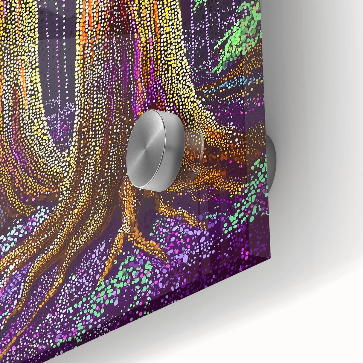 Close-up of vibrant abstract floral design on acrylic glass, showcasing rich colors and intricate details suitable for modern home decor. Perfect for adding a contemporary touch to any space.