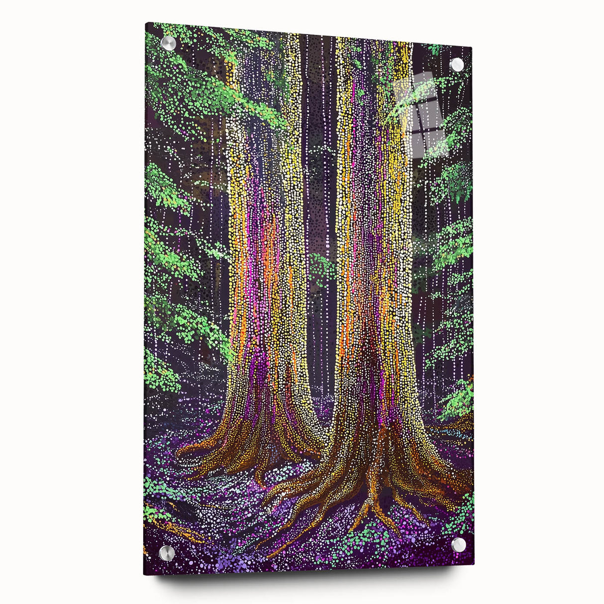 Abstract floral acrylic artwork displayed on a glass panel, showcasing vibrant colors and intricate details, featuring decorative pins for wall mounting. Perfect for modern decor enthusiasts looking to enhance their living space with a touch of elegance.