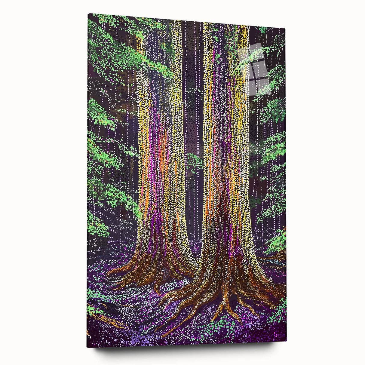 Abstract floral acrylic glass artwork showcasing intricate designs in vibrant colors, elegantly displayed from the side view, emphasizing its modern aesthetic and sleek finish.