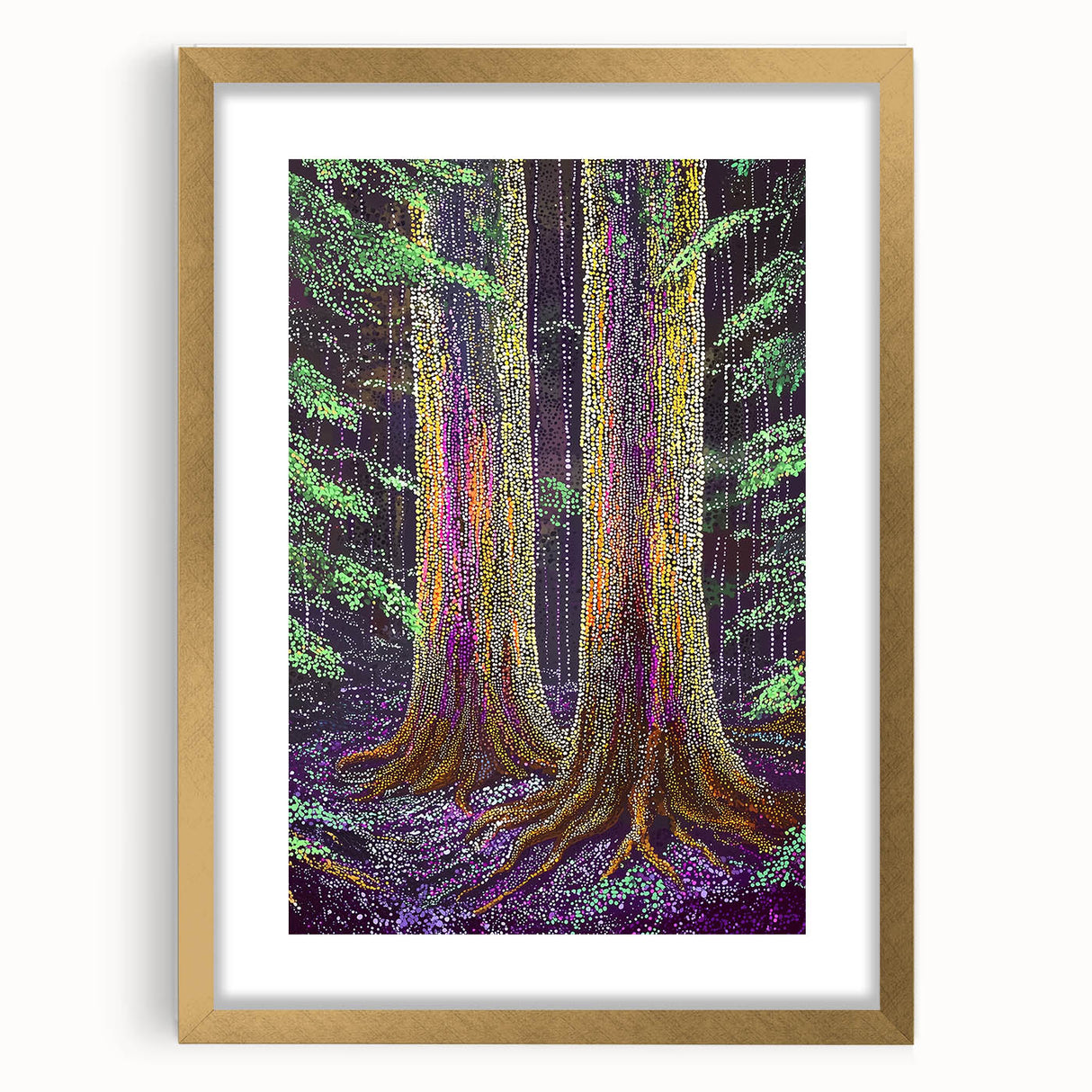 Abstract floral artwork framed in a gold mat, showcasing vibrant colors and intricate patterns, ideal for enhancing modern home decor aesthetics.