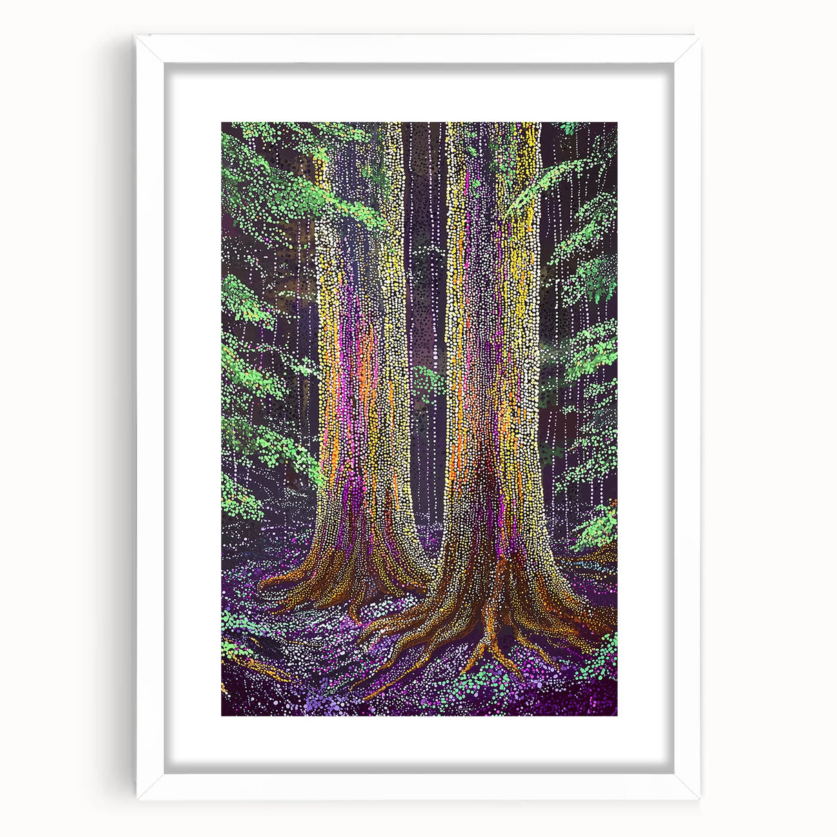 Abstract floral frame with a white mat, showcasing vibrant colors and intricate designs, perfect for enhancing contemporary home decor. This elegant artwork adds a touch of sophistication to any living space.