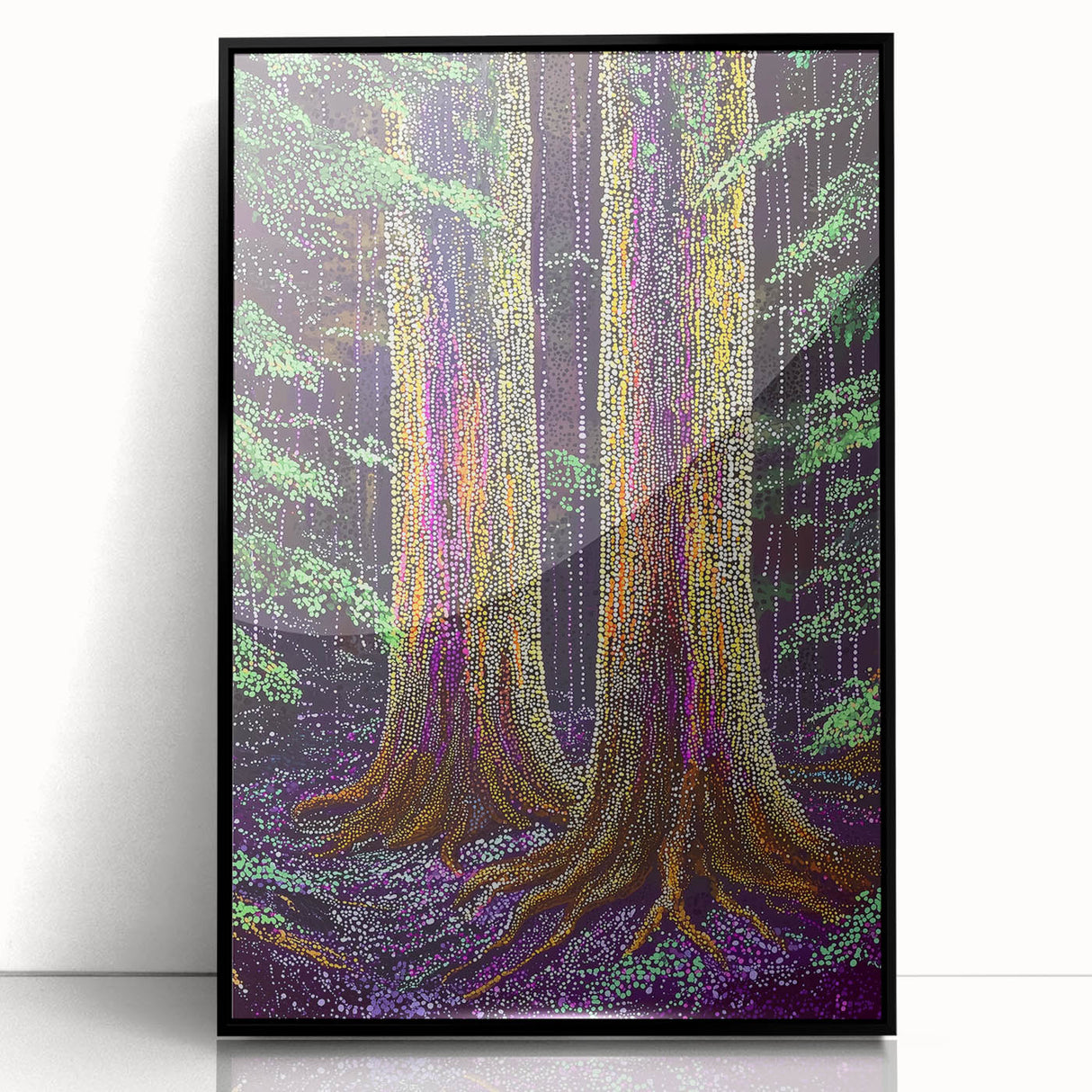 Framed acrylic artwork showcasing an abstract floral design in vibrant colors, featuring a sleek black frame, perfect for modern home decor.