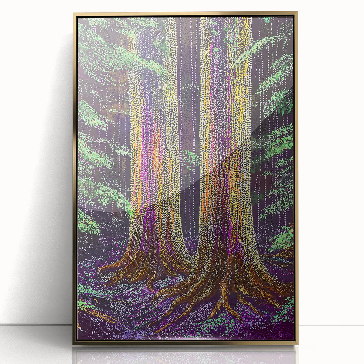 Framed abstract floral artwork featuring vibrant colors and gold accents, displayed in a sleek acrylic frame, perfect for modern home decor. Ideal for adding a touch of elegance to any space.